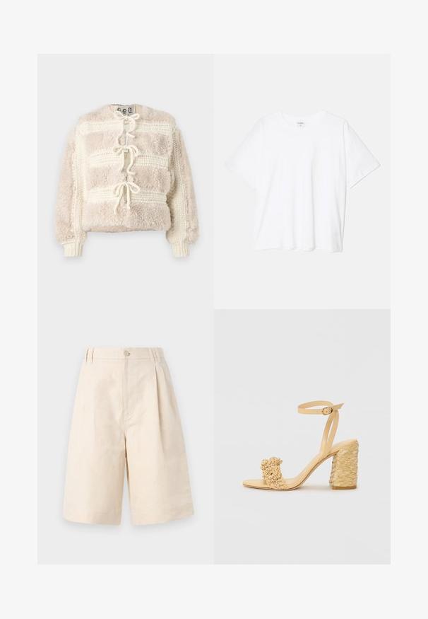 Puszysta, kremowa, krótkiej długości kurtka z teksturowanym wzorem dzianiny, z zapięciem na sznurki z przodu i ściągaczami przy rękawach.; Biała bawełniana koszulka z krótkim rękawem, okrągłym dekoltem, luźnym krojem i przeszytym brzegiem. Metka widoczna wewnątrz dekoltu.; Beżowe lniane szorty o luźnym kroju, z zapięciem na guzik, plisowanym designie i długości sięgającej kolan. Gładka tekstura i prosty styl.; Beżowe sandały na wysokim obcasie o plecionym wzorze, z dekoracyjnym kwiatem i paskiem na kostkę. Kwadratowy obcas zwiększa stabilność.