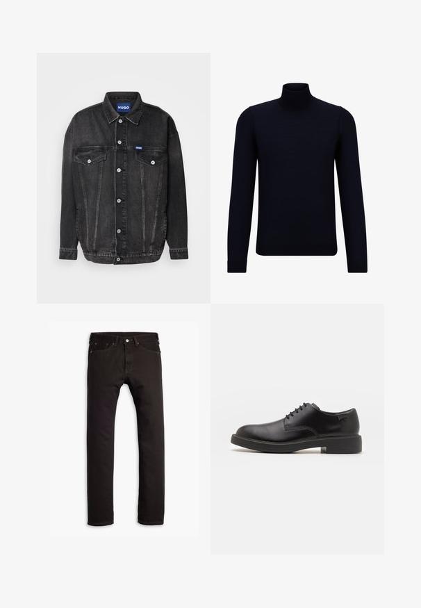 Black denim jacket featuring a button-up front, two chest pockets, and contrasting silver hardware. The collar and relaxed fit enhance its design.; Dark navy turtleneck sweater made of fine knit fabric, featuring long sleeves and a fitted, high neckline. No visible patterns or accents.; Black slim-fit jeans with five pockets and button closure, displayed flat on a white background.; Black leather lace-up shoe with a rounded toe, smooth texture, minimal stitching, and a low rubber heel. Logo on the heel.
