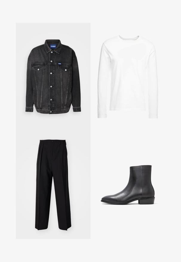 Črna denim jakna z gumbom spredaj, dvema žepoma na prsih in kontrastnim srebrnim okovjem. Ovratnik in sproščen kroj dodatno izboljšata njen dizajn.; Dolga majica z dolgimi rokavi, izdelana iz mehkega bombaža. Okrugli izrez s ravnimi robovi in brez vidnih vzorcev ali grafik.; Črne nabirane hlače s ravnim, širokim krojem. Narejene so iz gladkega materiala in imajo zadrgo ter pasne zanke.; ALDO PILLOWWALK+FLEX INSIDE ZIP AMUR - Klasični gležnjarji - open black