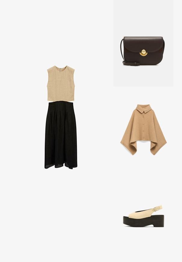 Camelkleurige poncho van zachte wol, met een kraag, vijf knopen aan de voorkant en brede mouwen met ribgebreide randen.; Beige mouwloze top met een hoge halslijn en een gestructureerd afgewerkte stof, gecombineerd met een zwarte A-lijn rok met plooien en een vloeiende zoom.; Beige suède platform sandalen met een open teen, slingback-ontwerp en een donkerhouten basis, voorzien van een metaalgesp voor aanpassing.; Furla SFERA ROUND - Schoudertas - cioccolato