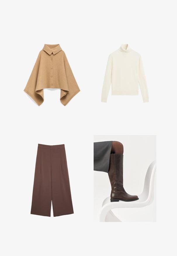 Poncho couleur chameau en laine douce, avec un col, cinq boutons sur le devant et de larges manches avec des bordures côtelées.; Pull à col roulé crème, texture tricot douce, coupe ajustée, manches longues, et un col et un ourlet côtelés.; Pantalons larges marron avec une texture lisse, dotés d'une taille haute et de plis à l'avant. Le tissu est léger et tombe de manière fluide.; Botte en cuir marron à hauteur de genou avec un bout arrondi, texture lisse et détails de couture minimalistes, placée sur un fond clair sur une chaise blanche.