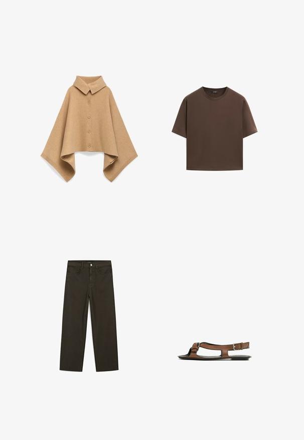 Ponczo w kolorze karmelowym, wykonane z miękkiej wełny, z kołnierzykiem, pięcioma guzikami z przodu oraz szerokimi rękawami wykończonymi ściągaczem.; Brązowa bawełniana koszulka, krótki rękaw, okrągły dekolt, luźny fason, gładka tkanina, minimalistyczny design, bez widocznych wzorów czy akcentów.; Ciemnozielone spodnie dżinsowe typu wide-leg wykonane z mieszanki bawełny, z zamkiem na guzik z przodu, pięcioma kieszeniami i klasycznym przeszyciem dżinsowym.; Brązowe skórzane sandały z otwartym palcem i wycięciami po bokach. Posiadają pasek na kostkę z metalową klamrą oraz płaską podeszwę.