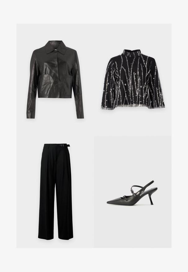 Svart kort läderjacka med en slät textur, knappstängning, spetsig krage och två framfickor. Långa ärmar med en åtsittande design.; Svart kort topp med hög hals, prydd med silverfärgade paljetter i vertikala linjer, genomskinliga ärmar och texturerad väv.; Svarta byxor med vida ben och hög midja, med veck framtill och ett bälte med spänne. Tillverkade av ett mjukt, lätt tyg.; Svarta läderklackar med slingback, spetsig tå, smal klack och dekorativ spänndetalj på ovansidan. Slät struktur och stilren design.