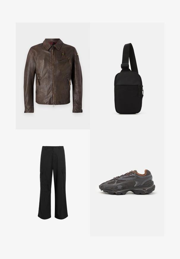 Blauer HUMES - Nahkatakki - bark brown; Kaksi mustaa puuvillapaitaa lyhyillä hihoilla ja pyöreällä kaula-aukolla. Molemmissa on punainen brändilogo kaula-aukossa. Yksinkertainen, klassinen muotoilu.; Mustat cargo-housut kevyestä kankaasta, rentoa istuvuutta, joissa on kaksi suurta sivutaskua ja nappikiinnitys.; Lacoste-tennar i mörkgrått med nät- och syntetmaterial, med en texturerad sula och bruna accenter på kragen och märket.; Musta olkalaukku, joka on valmistettu kestävästä kankaasta. Laukussa on yksi säädettävä olkahihna, vetoketjulla suljettava pääosasto ja etutasku.