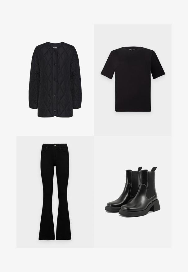 Juoda siuvinėta striukė su apvaliu iškirpimu, priekiniais mygtukais ir deimantiniu raštu. Trumpomis rankovėmis ir laisvos formos.; Juodas trumpas rankovės marškinėlis su apvaliu iškirpimu, pagamintas iš minkštos medvilnės medžiagos. Paprastas dizainas, be matomų logotipų ar raštų.; Juodos aukšto liemens džinsai su mygtuku ir užtrauktuku, priekinėmis kišenėmis ir platėjančiomis kojomis, išdėstyti ant baltos fono.; Juodos odinės Chelsea botai su storiu kulnu, elastinėmis šoninėmis panelėmis ir kontrastinga balta siūle. Tekstūruota apdaila.