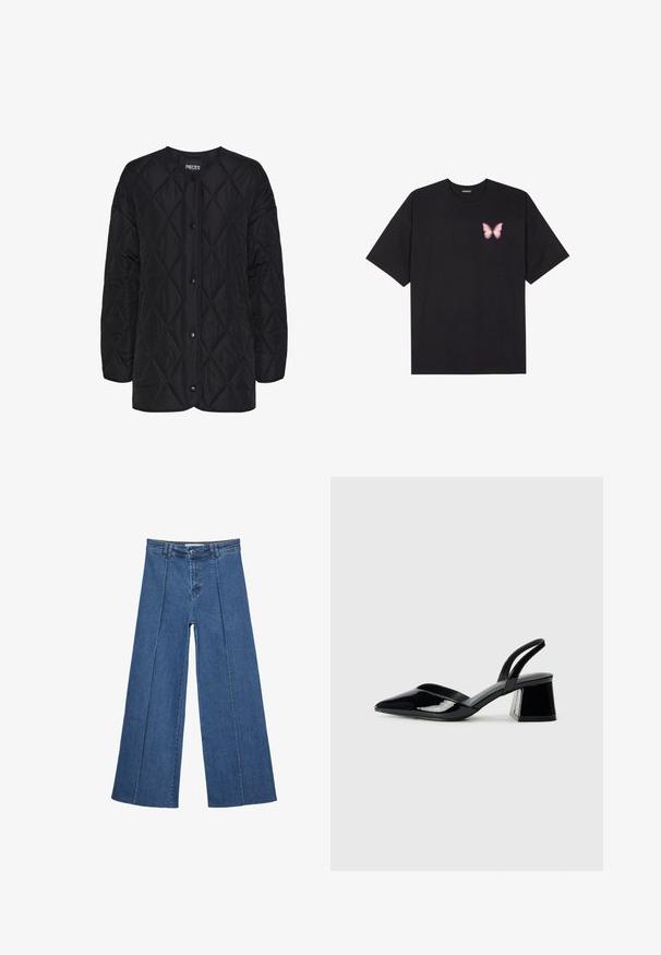 Čierna prešívaná bunda s okrúhlym výstrihom, prednými patentkami a textúrou v diamantovom vzore. Krátke rukávy a voľný strih.; Čierne bavlnené tričko s krátkymi rukávmi, s malým ružovým motýlikom na ľavej hrudi. Design s okrúhlym výstrihom a uvoľneným strihom.; Rovné džínsy s širokými nohavicami v strednom modrom odtieni, so zvýšeným pásom, zapínaním na gombík a kontrastnými vertikálnymi švami pozdĺž prednej strany.; Čierne lakované kožené sandálové podpätky s špicatou špičkou a geometrickým blokovým podpätkom. Disponujú elegantným, minimalistickým dizajnom a hladkým povrchom.