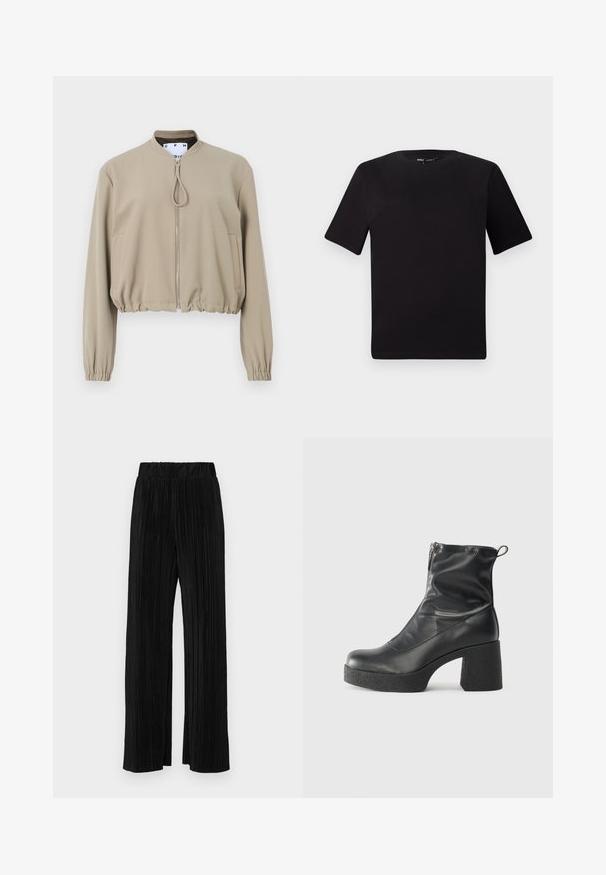 Khaki cropped bomber jacket made of smooth fabric. Features a zip front, stand collar, elastic cuffs, and two side pockets.; Black short-sleeve t-shirt with a round neckline, crafted from soft cotton fabric. Simple design, no visible logos or patterns.; Black pleated trousers with an elastic waistband. Features wide legs and a smooth, textured fabric with vertical stripes.; Black ankle boots made of smooth leather, featuring a side zipper, chunky textured heel, and rounded toe design.