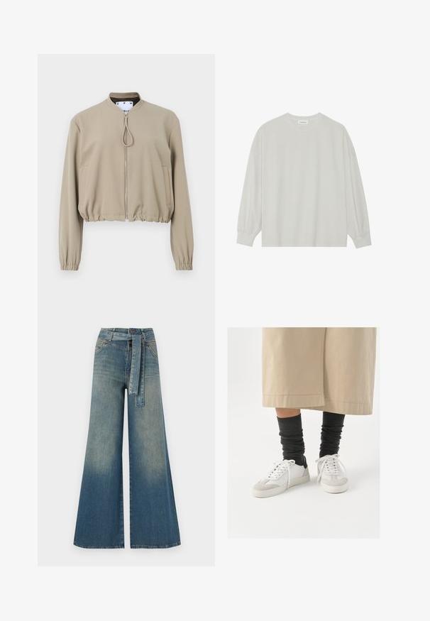 Khaki värvi lühike bomber-jakks, mis on valmistatud siledast kangast. Omab tõmblukuga esist, tõusvat kaelust, elastseid mansette ja kahte küljetaskut.; Hele halli pikkade varrukatega T-särk, mis on valmistatud pehmest puuvillast. Omab vaba lõiget, ümmargust kaelust ja õrnalt kogutud varrukaotsi. Muster ja graafika puuduvad.; Laiad denimpüksid, millel on hele tume sinine gradiendiefekt, kõrge vöökoht, vöökumlid ja sobivast kangast vöö. Struktureeritud denimi viimistlus.; Valged ja hallid tennised musta kannaaktsendiga, millel on sile nahkpealis ja tekstuuriga sametine varvas. Kanda tumedate hallide viltuste sokkidega.