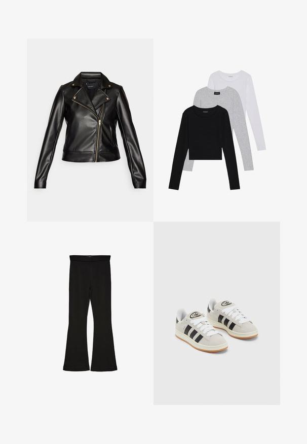 Black leather jacket with a fitted design, silver hardware, diagonal zipper, and snap collar. Smooth texture, tailored fit, and no embellishments.; Three long-sleeve tops stacked: black, grey, and white. Each has a round neckline and a cropped design with smooth, lightweight fabric.; Black flare leggings made from stretchy fabric. Features a wide waistband and a smooth texture, with a fitted silhouette that flares at the hem.; Gray suede sneakers with white laces, black stripes, and a white rubber sole. Features a circular logo on the tongue and a gum sole.