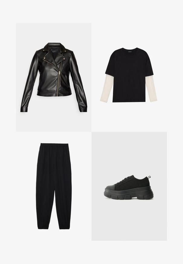 Svart skinnjakke med en tettsittende design, sølvfarget maskinvare, skrå glidelås og knappekrage. Glatt tekstur, skreddersydd passform og ingen utsmykkinger.; Svart T-skjorte laget av bomull, med korte ermer over et hvitt langermet lag med en subtil teksturert mønster. Rund hals design.; Svarte, lette bukser med elastisk liv og rynkede ankler. Stoffet er glatt og har en avslappet, innsvingt design.; Svarte sneakers med en kraftig gummisåle, teksturert stoffoverdel, rund tå og snøring. Har forsterkede snørehull og bakre trekkstang.