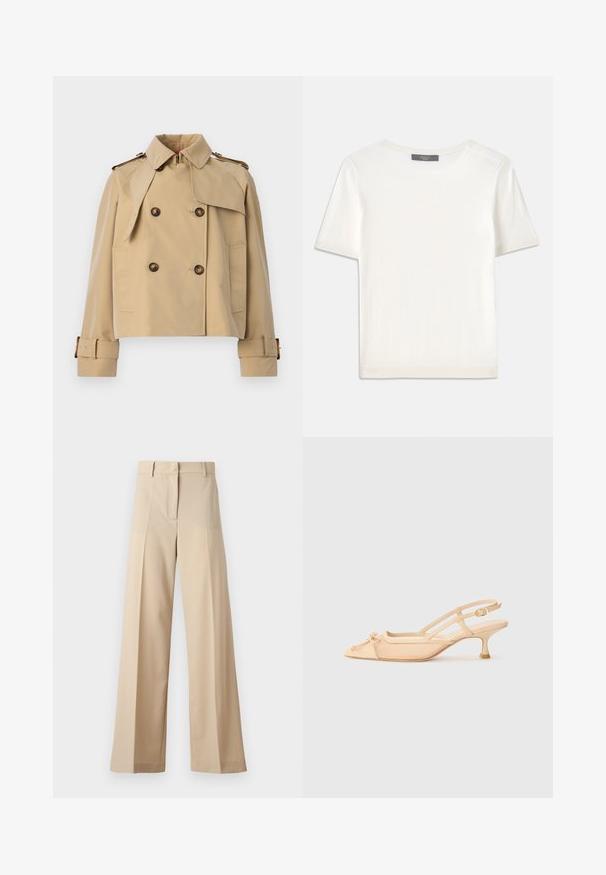 Beige cropped trench coat with double-breasted button closure, large shoulder flaps, and belted cuffs. Made from smooth, lightweight fabric.; White short-sleeve knit top with a round neckline, featuring a smooth texture and subtle ribbed accents at sleeves and hem.; Beige wide-leg trousers made of smooth fabric, featuring a flat front with pleats, a zip fly, and belt loops. Tailored fit overall.; Stuart Weitzman KITTY - Classic heels - beige/barely beige