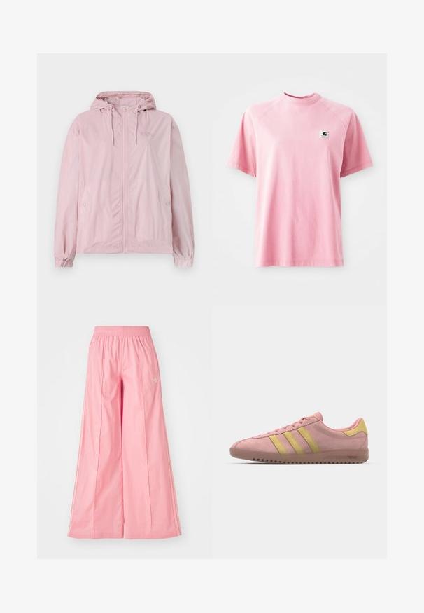 Light pink windbreaker jacket with a hood, featuring a zip front, elastic cuffs, and side pockets. The material has a subtle checkered pattern.; Pink cotton t-shirt with a crew neck and short sleeves. Features a small square logo patch on the left chest area. Smooth texture.; Pink wide-leg pants made of lightweight fabric, featuring an elastic waistband and subtle white side stripes. Small logo on the front.; Pink suede sneaker with three yellow stripes, rounded toe, and textured rubber sole. Low profile design with a cushioned collar.