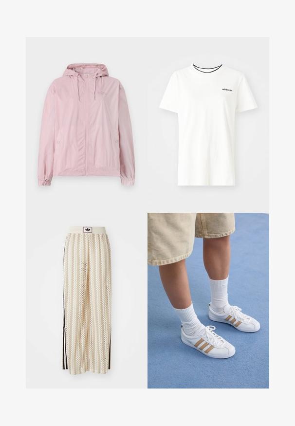 Lyserød vindjakke med hætte, der har lynlås fortil, elastiske håndled og sidelommer. Materialet har et subtilt ternet mønster.; Hvid bomulds t-shirt med korte ærmer og rund halsudskæring. Har et sort Adidas-logo på brystet og en kontrasterende sort indvendig krave.; Cremefarvede bukser med vidde, der har et zigzag-mønster, med en sort logoelastik i taljen og sorte striber på siden. Letvægtigt, tekstureret stof.; Hvide sneakers med tre gyldne striber, snørebåndsdesign, gummisål, båret med ribbede hvide sokker og beige shorts på en blå overflade.