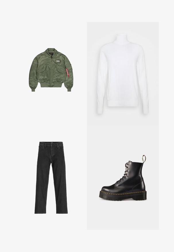 Giacca bomber verde oliva realizzata in nylon liscio e lucido. Presenta una chiusura con zip, polsini a coste e diverse tasche con un dettaglio del tag.; Maglione bianco a collo alto con maniche lunghe, realizzato in tessuto liscio. Presenta un design aderente e polsini e orlo a coste. Senza motivi o dettagli.; Jeans in denim nero con un design a gamba dritta, dotati di zip, passanti per cintura e sei tasche, realizzati in un resistente tessuto misto cotone.; Stivali alla caviglia in pelle nera con lacci, dotati di una suola nera spessa e cuciture gialle. Presentano una linguetta sul retro e occhielli metallici circolari.