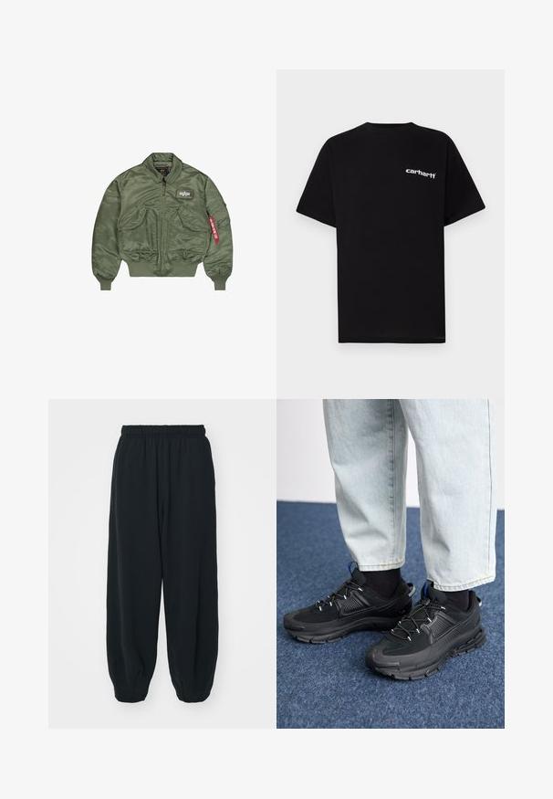 Casaco bomber verde-azeitona feito de nylon liso e brilhante. Apresenta um fecho com zíper, punhos canelados e vários bolsos com um detalhe de etiqueta.; T-shirt preta de algodão com mangas curtas, decote redondo e logótipo branco "Carhartt" no peito esquerdo. Textura suave, design minimalista.; Calças de fato de treino pretas, com cintura elástica e um corte solto, com punhos nas pernas, textura suave e sem padrões visíveis ou detalhes de metal.; Sapatilhas desportivas pretas com tecido texturizado e solas em borracha, apresentando atacadores elásticos e um detalhe azul no calcanhar. Usadas com calças de ganga claras.
