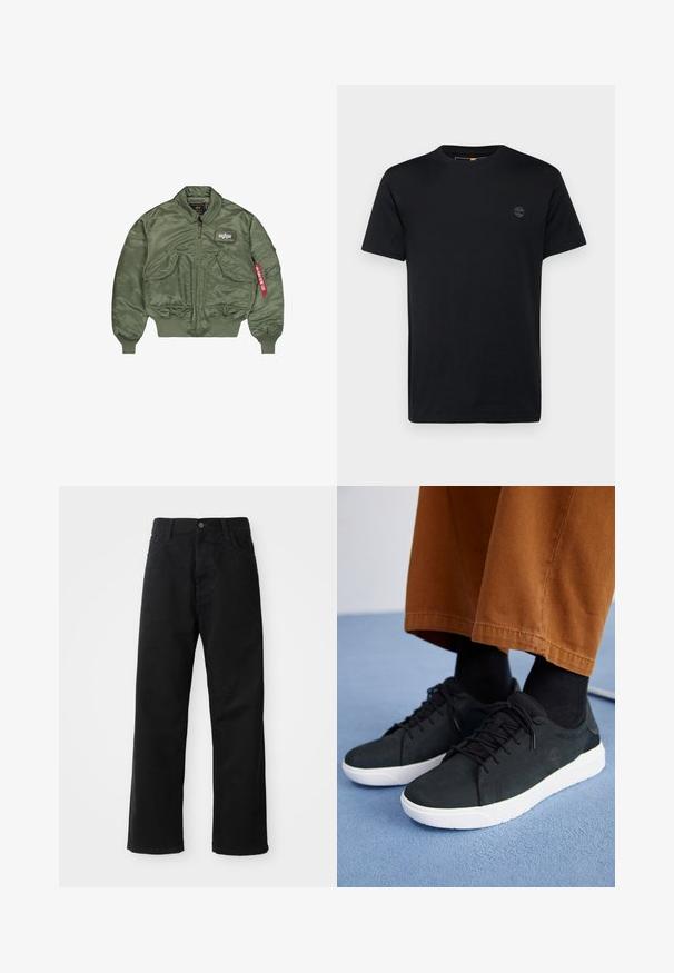 Olivengroene bomberjack van glad, glanzend nylon. Heeft een ritssluiting, gebreide manchetten en meerdere zakken met een labeldetail.; Zwarte katoenen T-shirt met een ronde hals, korte mouwen en een klein, geborduurd logo op de borst. Gladde textuur, klassieke pasvorm.; Zwarte denim broek met een rechte pasvorm, voorzien van voorzakken, een rits en een enkele bovenste knoop. Gestructureerde stof met een matte afwerking.; Zwarte suède sneakers met witte rubberen zolen, voorzien van een vetersluiting ontwerp, textuuraccenten en subtiele branding, gedragen met bruine broeken.