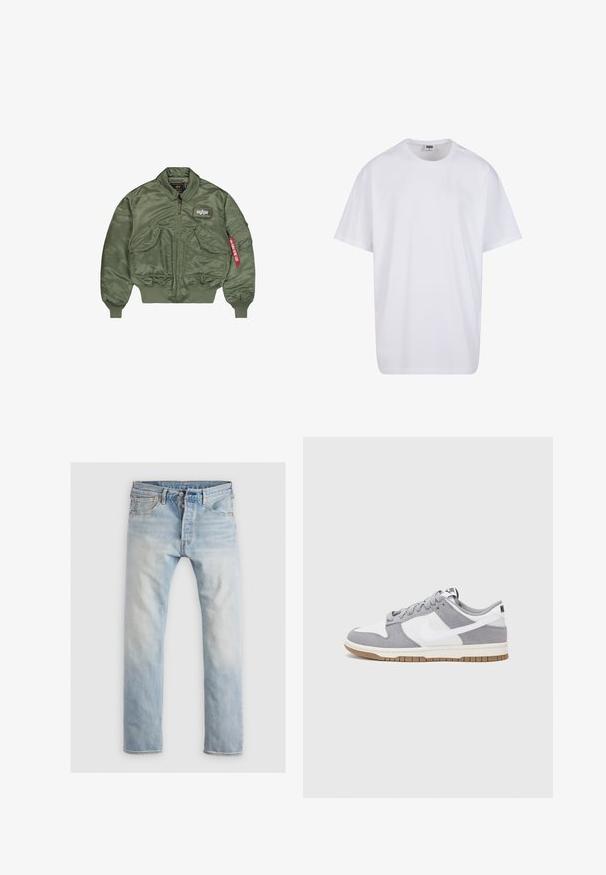 Giacca bomber verde oliva realizzata in nylon liscio e lucido. Presenta una chiusura con zip, polsini a coste e diverse tasche con un dettaglio del tag.; Maglietta bianca in cotone con maniche corte, scollatura rotonda, vestibilità comoda e senza loghi o motivi visibili. Texture liscia e design minimale.; Jeans in denim azzurro chiaro, taglio dritto, con una finitura sbiadita. Presentano cinque tasche, chiusura con bottone e dettagli di cuciture arancioni.; Sneaker grigia e bianca con tomaia in suede e pelle, punta arrotondata, lacci piatti e soletta in gomma con un accento color caramello.