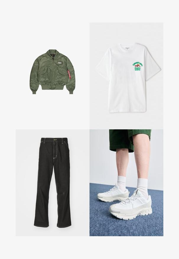 Bomberka w oliwkowym kolorze, wykonana z gładkiego, błyszczącego nylonu. Posiada zamek błyskawiczny, ścianki z ribbingu oraz wiele kieszeni z detalem metki.; Biała bawełniana koszulka z krótkim rękawem, z zielonym i czerwonym napisem graficznym na lewej piersi, który brzmi "cashart Who Pronto Subito."; Czarne dżinsy o luźnym kroju, z kontrastującymi białymi szwami, z zapięciem na guzik i prostą nogawką.; Białe buty sportowe z teksturowanymi nakładkami, masywną podeszwą i szarymi akcentami. Nosi się je z białymi skarpetami do kostek i zielonymi szortami na niebieskiej powierzchni.