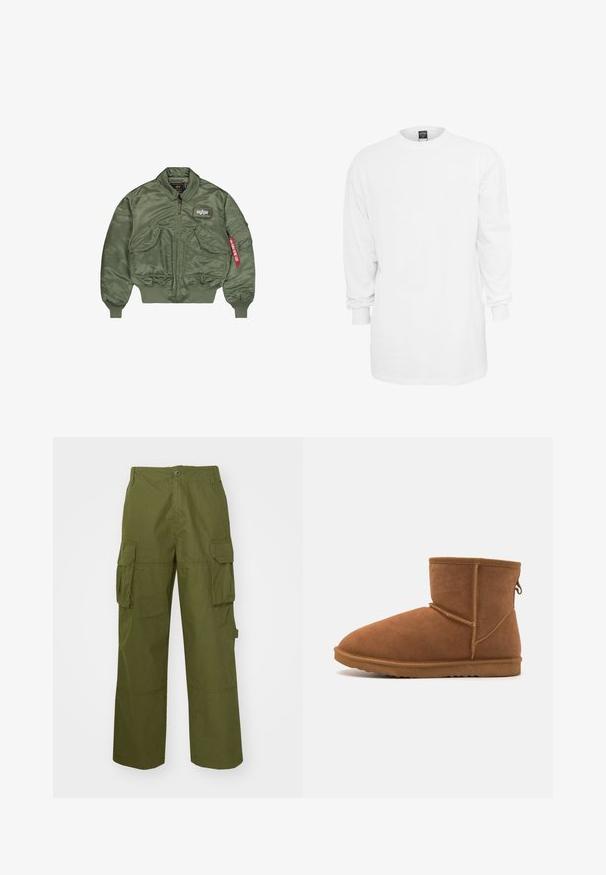 Tamsiai žalia bomber tipo striukė, pagaminta iš glotnaus, blizgaus nailono. Turi užtrauktuką, elastines rankogalius ir kelis kišenių su etiketėmis.; Ilga rankovė balta medvilninė marškinėliai su apvaliu iškirpimu, laisvas pjūvis ir raštuoti rankogaliai. Paprastas dizainas, be grafikų ar raštų.; Alyvuogių žalios spalvos cargo kelnės, pagamintos iš tvirto audinio, su dviem šoninėmis kišenėmis, laisvu siluetu ir mygtukų uždarymu juosmens srityje.; Rudos suede kulkšnies botai su apvalia nosimi, lanksčiu guminiu padu ir sustiprintomis siūlių detalėmis. Apima ištraukiamąjį užtrauktuką gale.