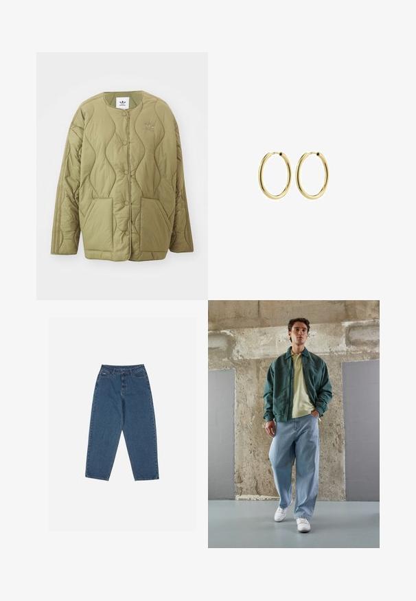 Khaki prešita jakna z zaobljenim robom, z gumbom na pritisk in dvema sprednjima žepoma ter subtilnim logotipom na prsih. Mehak, teksturiran material.; Puli v kremni barvi z črnimi triblnimi vzorci. Ima polovico zadrge in dolge rokave. Mehka tekstura in sproščen kroj.; Tri tanke s kratkimi rokavi v mint zeleni, črni in bež barvi; narejene iz rebrastih tkanin z okroglim izrezom in brez rokavov. Vidna oznaka blagovne znamke.; Modre traperke z ohlapnim krojem, visokim pasom, petimi žepi in poudarjenim šivanjem. Imajo gumb in zadrgo za zapiranje.; Zeleno bomber jakno preko svetlo rumenega polo majice, v kombinaciji z ohlapnimi modrimi kavbojkami in belimi supergami. Gladki materiali, sproščen kroj, minimalna oprema.; Zlate kovinske obročaste uhane z gladko površino, krožno obliko in varnim zapiralom. Polirana površina brez vidnih vzorcev ali dodatkov.