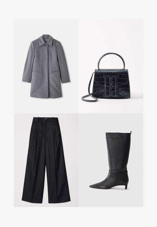 Pilkos vilnos vidutinio ilgio paltas su plačia apykakle, viena matoma saga ir dvi horizontalios priekinės kišenės, pristatomas ant baltos fono.; Kremo spalvos palaidinukė su aukštu kaklu, su raukiniais ant rankovių ir apačios. Minkšta tekstūra, laisvas kirpimas ir masyvi kaklo forma. Lengvas megztas audinys.; Juodos plačios kojų kelnės, pagamintos iš lygaus audinio, su aukštu liemeniu, klostėmis ir pritaikytu dizainu. Paprasta juoda detalių sistema liemens srityje.; Juodas odinis iki kelių botas su smailiu batu, akcentuotas apvaliu diržu aplink kulkšnį ir žemu, siaurėjančiu kulnu. Lygi tekstūra.; Juodas krokodilo rašto odinis rankinės krepšys su struktūruotu dizainu, viršutine rankena, reguliuojamu dirželiu ir išsiskiriančiu priekinio logo detale.