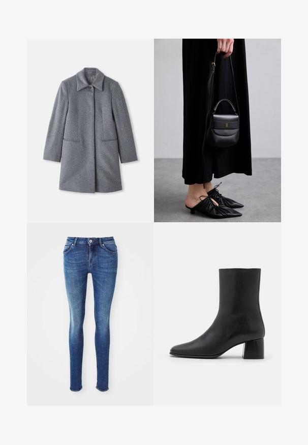 Pilkos vilnos vidutinio ilgio paltas su plačia apykakle, viena matoma saga ir dvi horizontalios priekinės kišenės, pristatomas ant baltos fono.; Juodas ilgų rankovių marškinėlis, pagamintas iš minkštos medžiagos, su apykakle ir laisvu siluetu, su šoninėmis sklendėmis apačioje, kad būtų lengviau judėti.; Mėlynos džinsinės liesos kelnės su lygiu paviršiumi, vidutinio aukščio juosmeniu, penkiomis kišenėmis ir šviesiu blukimu ant šlaunų. Yra metalinė saga ir užtrauktukas.; Juodas odinis kulkšninis botas su smailiu pirštu ir masyviu kvadratiniu kulnu. Lygus paviršius be siūlių ir minimalizmu išsiskiriantis dizainas.; Maža juoda odinė rankinė su apvalia forma, viršutine rankena ir nuimama dirželiu. Nešiojama su juoda audinio suknele ir juodais klostuotais bateliais.; Aukso spalvos žiedinės auskarai su sukimosi dizainu, turintys briaunuotą tekstūrą ir lygų paviršių. Lengvi ir tuščiaviduriai.