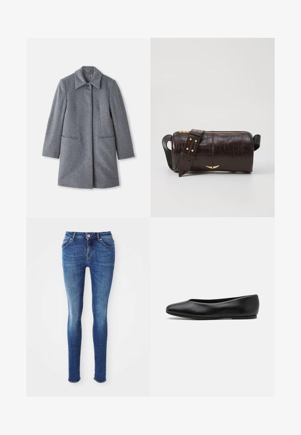 Abrigo de lana gris de longitud media con un amplio cuello, un solo botón visible y dos bolsillos frontales horizontales, exhibido sobre un fondo blanco.; Top negro de manga larga con cuello alto, hecho de tejido suave, que presenta un cuello con volantes y una silueta ajustada con bordes simples.; Jeans ajustados de mezclilla azul con una textura suave, cintura de altura media, cinco bolsillos y un leve desgaste en los muslos. Presenta botón de metal y cremallera.; Paul Smith TOPANGA - Bailarinas - black; Bolso de cuero marrón con estampado de cocodrilo, de forma cilíndrica, con herrajes en tono dorado y una correa desmontable con tachuelas.