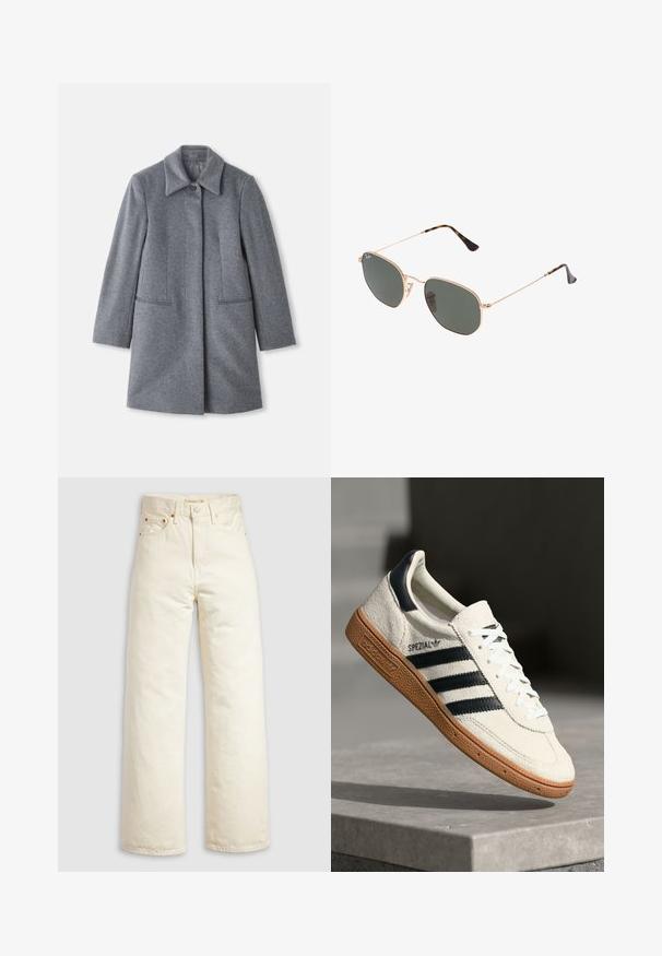 Grå ullmellang kappa med en bred krage, en synlig knapp och två horisontella framfickor, uppvisad mot en vit bakgrund.; Vit långärmad topp med bred halsringning, sidoklipp och ett mjukt, lätt tyg som har en enkel, minimalistisk design.; Jeans med vida ben i off-white denim, med hög midja, kopparnitar och klassisk femficksdesign. Texturerat tyg med rena kanter.; Vita mockasnörning med marinblå ränder, gummisula, strukturerad ovandel, rund tå och snörning; har varumärke på sidan och tungan.; Guldmetallramda solglasögon med mörkgröna linser, pilotstil, med smala armfästen och sköldpaddsmönstra detaljer på spetsarna.; Liten svart läderhandväska med rundad form, handtag ovanpå och avtagbar rem. Bärs med svart tygklänning och svarta plisserade skor.