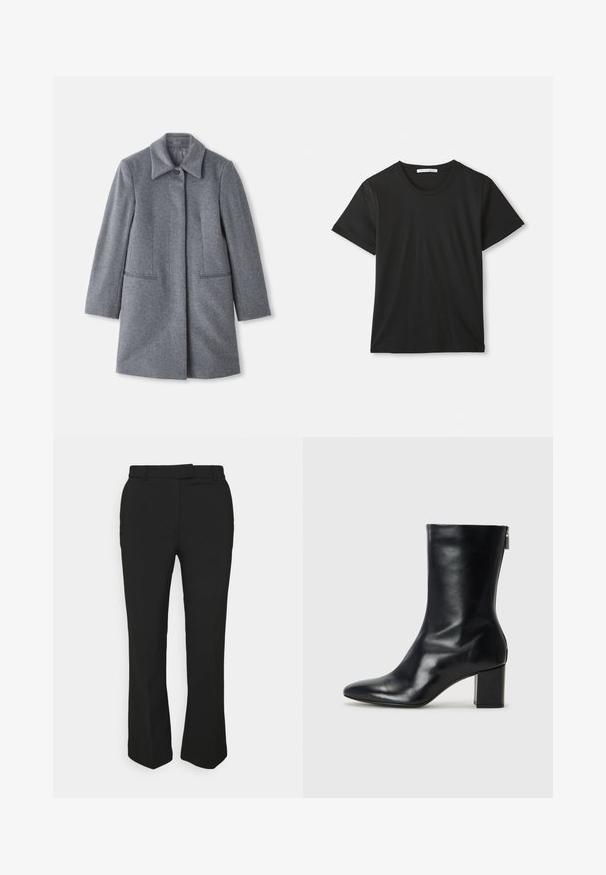 Siv volnen plašč srednje dolžine s širokim ovratnikom, enim vidnim gumbom in dvema vodoravnima sprednjima žepoma, prikazan na beli podlagi.; Črna kratka majica s kratkimi rokavi in okroglo ovratnikom iz bombaža, ležijo ravno na belem ozadju, z vidno blagovno oznako znotraj ovratnika.; Črne krojene hlače s ravnim krojem, z nožicami za pas in stranskimi žepi. Narejene iz gladkega materiala z čistim zaključkom.; Črne usnjene gležnjarje s koničastim nosom in 4 cm širokim peto. Elegantna zasnova vsebuje stranski zadrgo za enostavno obuvanje. Gladka tekstura.