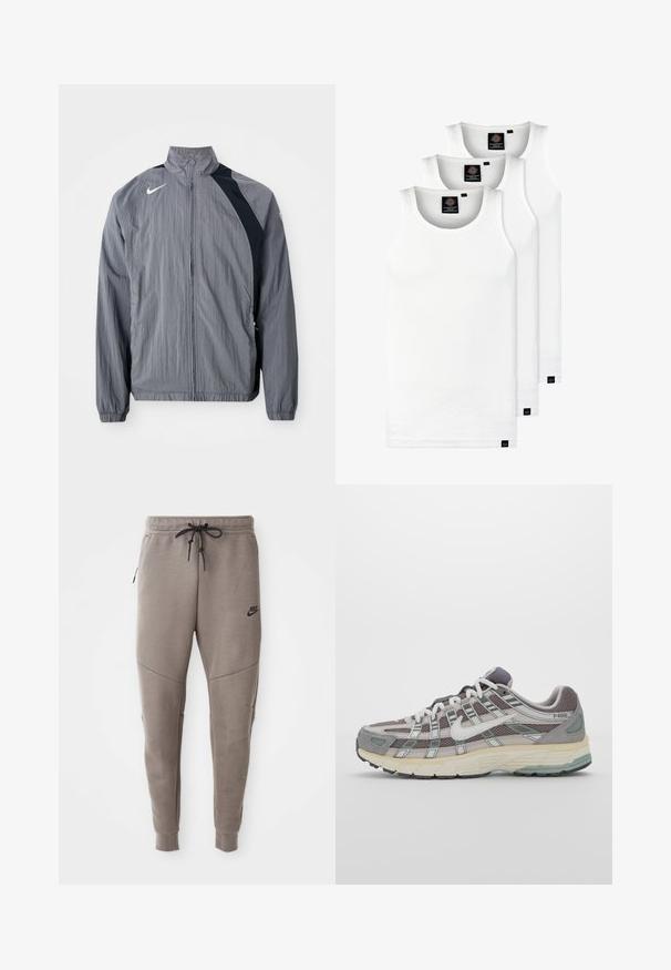 Veste légère grise en tissu texturé, avec un col montant, une fermeture éclair et des accents noirs d'un côté. Logo Nike visible.; Trois débardeurs blancs côtelés en coton. Présentent un col rond et de petites étiquettes noires près de l'ourlet. Disponibles en plusieurs tailles.; Pantalon de survêtement gris Nike avec une taille élastique à cordon de serrage, des jambes fuselées, des poches latérales et un détail de couture distinct. Tissu doux et texturé.; Chaussure de sport grise avec une tige en mesh et en daim, accents blancs, semelle rembourrée et un design distinctif avec des éléments réfléchissants.