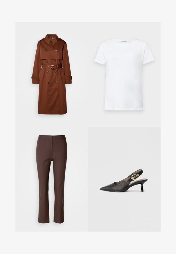 Barna trench kabát dupla soros kialakítással, nagy gallérral, övvel ellátott derékkal és gombos mandzsettával. Simább anyagból készült, oldal zsebekkel rendelkezik.; Fehér, rövid ujjú póló, pamutból készült, kerek nyakkivágással. Sima textúrájú, egyenes vonalú, minta vagy díszítés nélkül.; Barna, testre szabott nadrág, slim fit fazonnal, lapos elülső résszel, diszkrét oldalsó zsebekkel és sima, enyhén rugalmas anyaggal.; Fekete slingback magassarkú cipő hegyes orral, sima bőrfelülettel és aranyszínű csat díszítéssel a pánton.