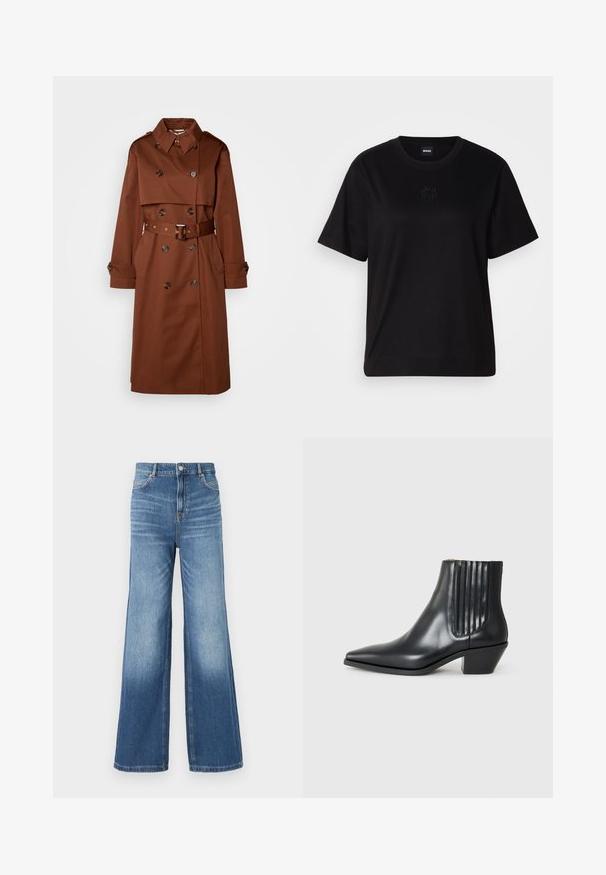Brązowy płaszcz trenchowy z podwójnym zapięciem, dużym kołnierzem, paskiem w talii i zapinanymi mankietami. Wykonany z gładkiego materiału, z bocznymi kieszeniami.; Czarny bawełniany t-shirt z okrągłym dekoltem, krótkimi rękawami i haftowanym logo na piersi. Prosty, luźny krój bez wzorów.; Jasnoniebieskie dżinsowe spodnie szerokie u dołu z wysokim stanem, z pięcioma kieszeniami, szlufkami na pasek oraz subtelnym efektem wyblaknięcia w kierunku dołu.; Czarne skórzane botki za kostkę z wysmuklonym noskiem, elastycznymi bocznymi panelami z pionowymi rowkami oraz niskim blokowym obcasem. Gładka tekstura i elegancki design.