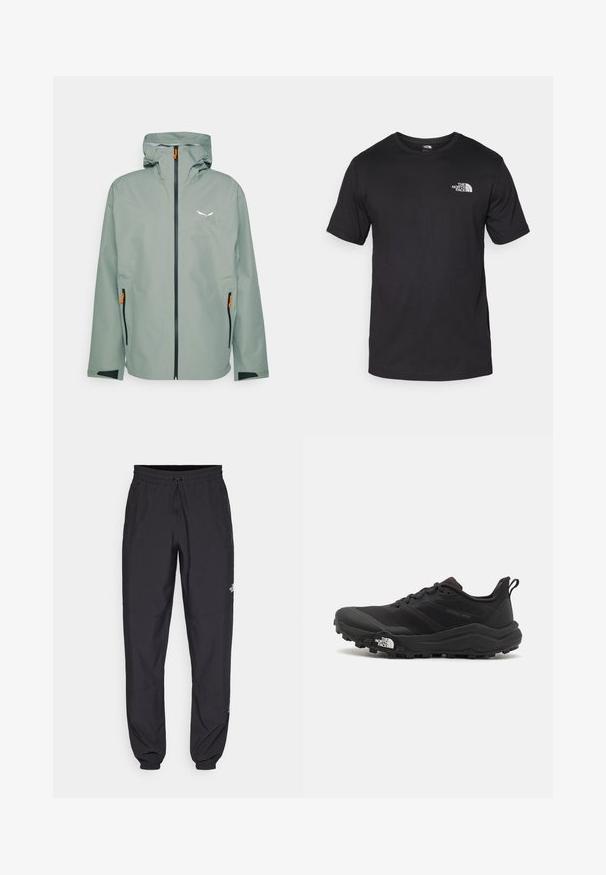 Veste imperméable en vert clair. Comprend une fermeture éclair à l'avant, une capuche et des poches latérales avec des accents orange. Texture lisse et design moderne.; T-shirt noir à manches courtes en coton, avec un col rond et un petit logo blanc sur le côté supérieur gauche de la poitrine.; Pantalon de sport noir en tissu léger, avec une taille à cordon, des poches latérales et des chevilles resserrées.; Chaussure de trail running noire avec une tige texturée, semelle en caoutchouc et bout renforcé. Présente un col rembourré et une tirette pour un enfilage facile.