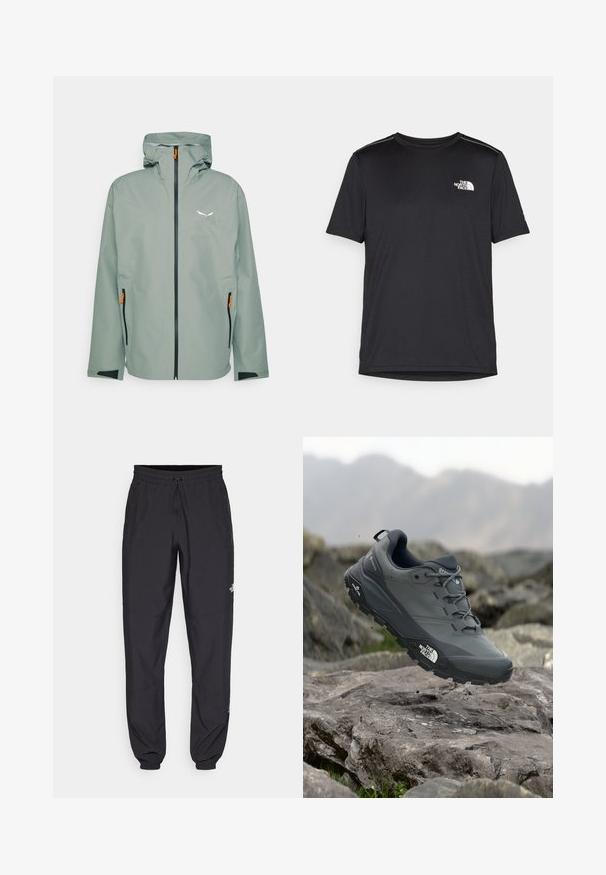 Veste imperméable en vert clair. Comprend une fermeture éclair à l'avant, une capuche et des poches latérales avec des accents orange. Texture lisse et design moderne.; T-shirt noir à manches courtes en tissu léger. Présente un petit logo blanc sur la poitrine gauche et des accents subtils aux épaules.; Pantalon de sport noir en tissu léger, avec une taille à cordon, des poches latérales et des chevilles resserrées.; Chaussure de trail running grise avec un dessus texturé, semelle en caoutchouc durable et chaussure renforcée à l'avant. Comprend des lacets et un logo de la marque sur le côté.
