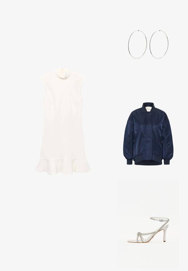 Granatowa bomberka, błyszczący materiał, ściągacze na mankietach i u dołu, zapięcie na napy z przodu, kieszenie boczne, pikowane detale na korpusie.; Biała sukienka bez rękawów z wysokim dekoltem, z rozkloszowanym dołem i gładką fakturą. Prosty fason bez wzorów i widocznych elementów metalowych.; Białe sandały na wysokim obcasie z teksturowanym paskiem ozdobionym kryształkami, otwartym noskiem oraz paskiem na kostkę z regulowanym zapięciem.; Kremowa skórzana torebka na ramię o kształcie półksiężyca, z cienkim paskiem i subtelnymi detalami przeszyć. Minimalistyczny design z akcentami w kolorze złota.; Srebrne kolczyki na kółku o gładkim, okrągłym kształcie i wypolerowanym wykończeniu. Są cienkie i lekkie, z prostym zapięciem.
