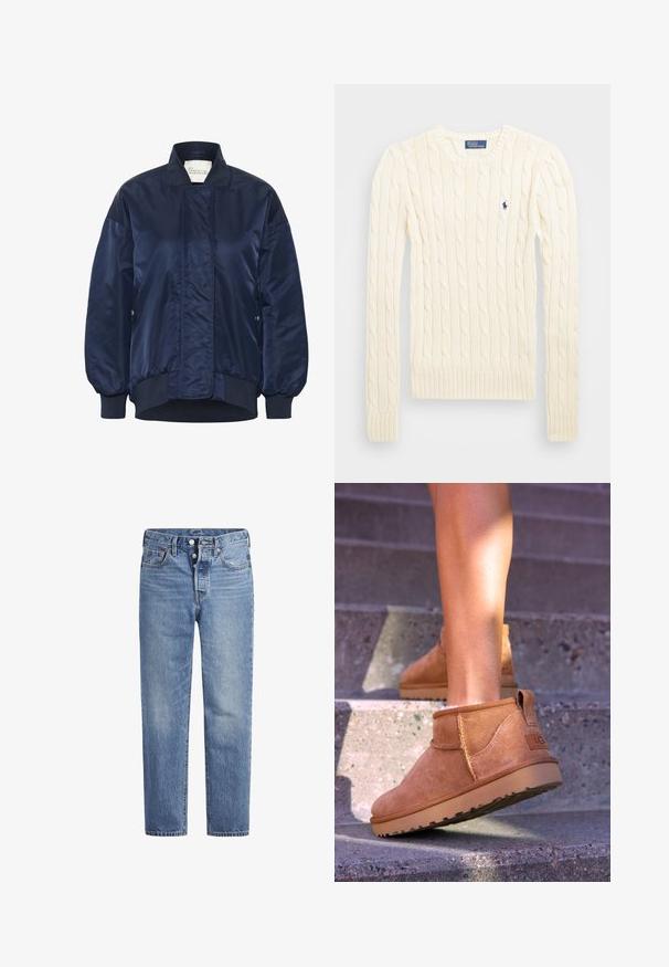 Laivastonsininen pommikonejacka, kiiltävä kangas, ribbireunat hihansuissa ja helmassa, edessä napitus, sivutaskut, vuorattua yksityiskohtaa kehossa.; Kreemi kaabliga kudumiga sviiter pikkade varrukatega, ribakardinate ja hemiga, millel on vasakul rinnal väike tikkitud logo.; Vaaleansiniset farkut suoran leikkauksen, viiden pussin designin ja nappisuljenta. Ominaisuuksiin kuuluu hienoinen haalistuminen ja oranssit ompeleet.; Kahdenruskeat mokkanahkaiset nilkkurit, joissa on pehmeä pinta, kirjailtua yksityiskohtaa ja kumipohja. Kengissä on myös kätevä lenkki kantapäässä, joka helpottaa pukemista.