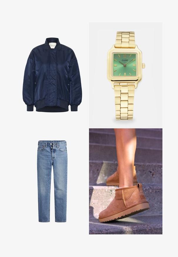 Námořnická bombardovací bunda, lesklá tkanina, žebrované manžety a lem, přední zapínání na cvoky, boční kapsy, prošívané detaily na těle.; Bílý dlouhý rukáv top s kulatým výstřihem. Vyroben z hladkého materiálu s přiléhavým střihem. Štítek viditelný na krku. Bez vzorů nebo akcentů.; Světle modré džíny s rovný střih, designem s pěti kapsami a knoflíkovým zapínáním. Mají jemné vyblednutí a oranžové prošití.; Světlé semišové kotníkové boty s měkkou strukturou, prošívanými detaily a gumovou podrážkou, s okrouhlým podpatkem pro snadné obouvání.; Zlatý čtvercový hodinky se zeleným gradientním ciferníkem, obdélníkovými hodinovými indexy a spojeným náramkem. Značka "CLUSE" je zobrazena.