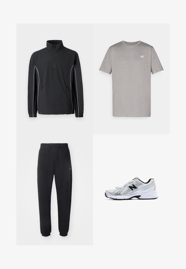 New Balance UTILITY JACKET - Casaco de verão - black; T-shirt cinza de mangas curtas feito de tecido macio, apresentando um logotipo discreto em azul claro no lado esquerdo do peito. Decote redondo, ajuste regular.; Calças de treino pretas feitas de material suave, com cintura elástica, cordão e punhos ajustados, apresentando um logótipo discreto na lateral.; Sapatilha desportiva prateada com material em rede, acentos pretos, design perfurado e sola branca acolchoada. Apresenta um destacado logo 'N'.