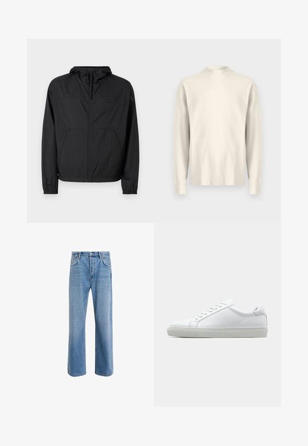 Black lightweight jacket with a hood, full zip, elastic cuffs, and side pockets. Features a subtle logo on the chest. Textured fabric.; Long-sleeve, mock-neck shirt in light cream cotton. Smooth texture, relaxed fit, minimalist design, no visible patterns or accents.; Light blue denim jeans with a straight-leg design, five pockets, button closure, minimal fading, and contrasting stitching details.; White sneaker with a smooth leather upper and a low profile. Features a rounded toe, six eyelets, and a textured rubber sole.