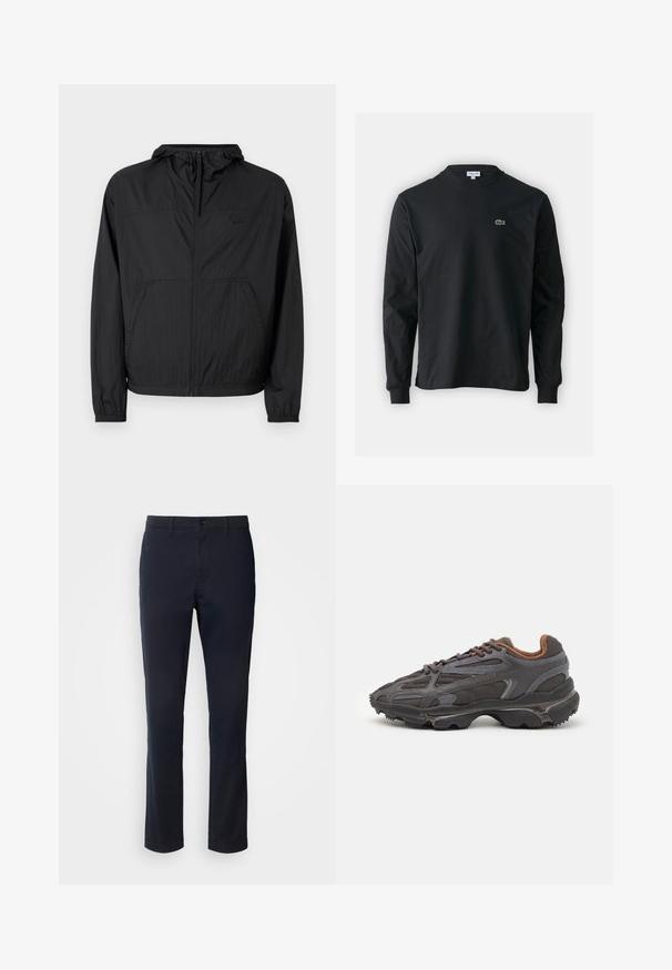 Must õhuke must jakk, millel on kapuuts, täispikk tõmblukk, elastsed mansetid ja küljetaskud. Rinnal on peen logo. Tekstuuriga kangas.; Must musta särk pikad varrukad, valmistatud puuvillast, ümar kaelus ja vasakul rinnal väike rohelise värvi tikandiga krokodillilogoga.; Sügavsinised püksid, mis on valmistatud siledast kangast, otse sääre disainiga, vöökonksudega ja nööbiga sulgemisega, millel on tõmblukk.; Tumed hallid Lacoste tossud, mis on valmistatud võrkkangast ja sünteetilisest materjalist, omavad tekstureeritud talla ning pruune aktsente kaeluse ja brändingu juures.