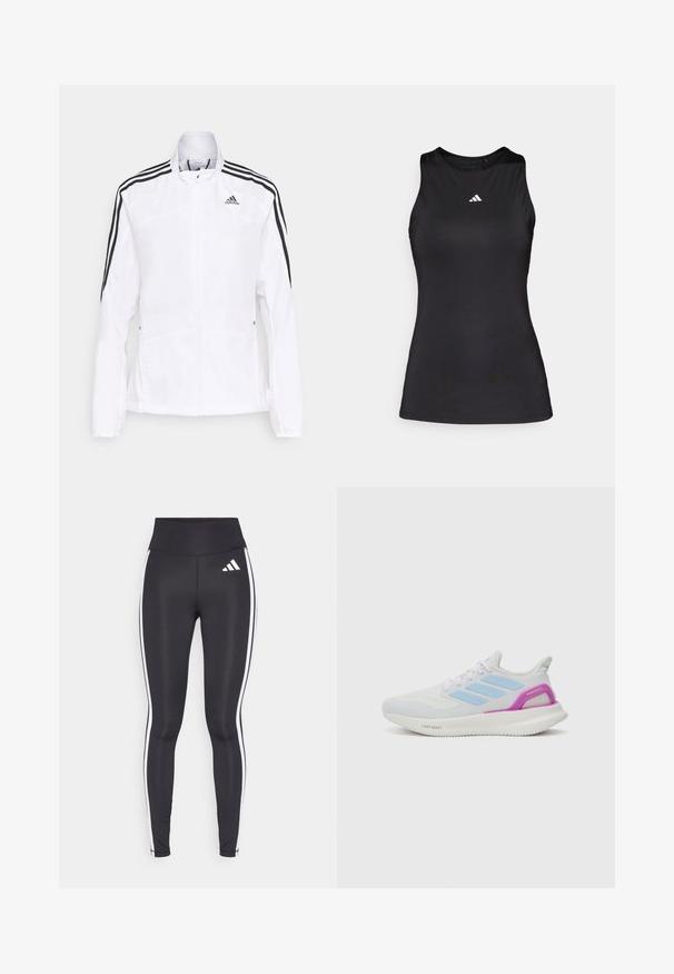 adidas Performance MARATHON - Giacca da running - white; Top atletico senza maniche nero realizzato in tessuto liscio. Presenta un colletto rotondo e un piccolo logo bianco Adidas sul petto.; Leggings neri a vita alta, con strisce bianche sui fianchi e un piccolo logo bianco sulla coscia sinistra. Realizzati in materiale liscio ed elasticizzato.; adidas Performance PUREBOOST 5 - Scarpe da corsa su strada - white/glow blue/purple burst