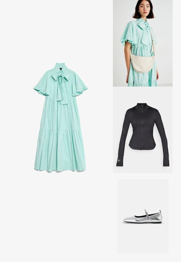 Black athletic jacket made of stretch fabric, featuring a high collar, full zipper, long sleeves with thumbholes, and perforated accents.; Mint green, knee-length dress made of lightweight fabric with a high ruffled collar, bow tie detail, and short flutter sleeves.; Silver metallic ballet flat with a pointed toe, ankle strap with adjustable buckle, textured surface, and minimal black sole.; Cream-colored handbag with a curved shape, soft texture, and adjustable strap, worn over a light mint green ruffled dress.