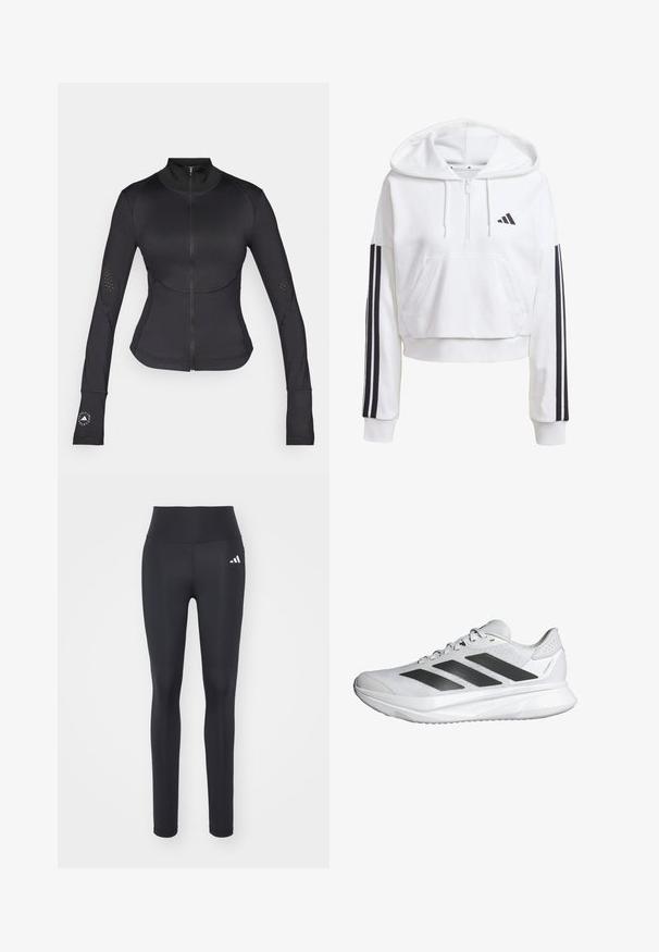 Svart idrottsjacka gjord av stretchmaterial, med hög krage, full dragkedja, långärmar med tumhål och perforerade detaljer.; Vit, kort hoodie med en frontficka, svarta tre-rands detaljer på ärmarna och en liten svart logotyp på bröstet. Mjuk tyg.; Svarta träningsleggings i stretchigt material, med hög midja och en vit logotyp på vänster höft.; Vit sportskor med en andningsbar meshuvuddel, tre svarta ränder, en lätt sula och texturerade detaljer på hälen för stöd.