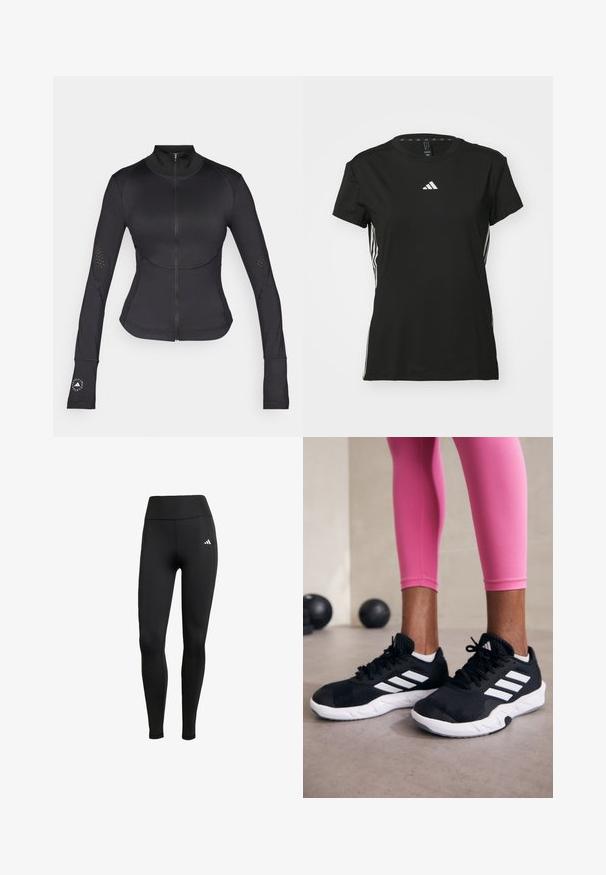 Črna atletska jakna iz raztegljive tkanine, z visokim ovratnikom, polnim zadrgo, dolgimi rokavi s odprtinami za prste in perforiranimi podrobnostmi.; Črna atletska majica s kratkimi rokavi, izdelana iz sintetičnega materiala. Ima majhen bel logotip na prsih in bele črte ob straneh.; Črne atletske leggice z visokim pasom. Narejene iz raztegljive tkanine, ki ima bel logotip na zgornji levi strani.; Črne športne čevlje z belimi črtami, teksturirano mrežasto zgornjišče in belo podplat. Obuti z roza legginsom, ki prikazujejo športno obleko.