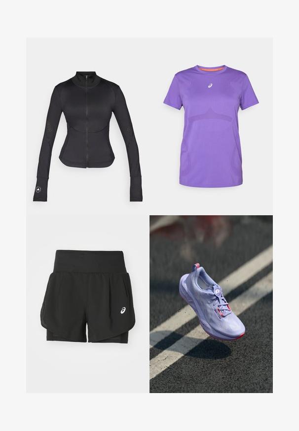 Must värviline spordijakk venivast kangast, kõrge krae, täispikk tõmblukk, pikad varrukad, millel on pöidlaholed ja perforatsioonid.; Lilla sportlik t-särk, mis on valmistatud hingavast kangast. Omab ümarat kaelaauku, lühikesi varrukaid ja peent toon-toonis mustrit esiosal.; Mustad must sportlikud lühikesed püksid, millel on hingav võrkkiht, sissetoodud lühikesed püksid sileda tekstuuriga ja valge logo vasakul küljel.; Heled hele lilla jooksutoss, millel on tekstuuriga pealis, roosad aktsendid, ümar paelte mehhanism ning täpikate tallaga, tõstetud asfalt taustal.