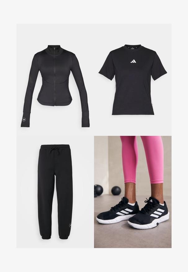 Chaqueta atlética negra hecha de tejido elástico, con cuello alto, cremallera completa, mangas largas con agujeros para los pulgares y detalles perforados.; Camiseta negra de manga corta hecha de una tela suave. Presenta un logo blanco de Adidas y rayas blancas en contraste a lo largo de los lados.; Pantalones de chándal negros confeccionados en una tela suave, con una cinturilla elástica y cordones, puños en los tobillos y un pequeño logo en la parte inferior de la pierna.; Zapatillas deportivas negras con rayas blancas, parte superior de malla texturizada y suela blanca. Combinadas con leggings rosa, exhibiendo ropa de entrenamiento.