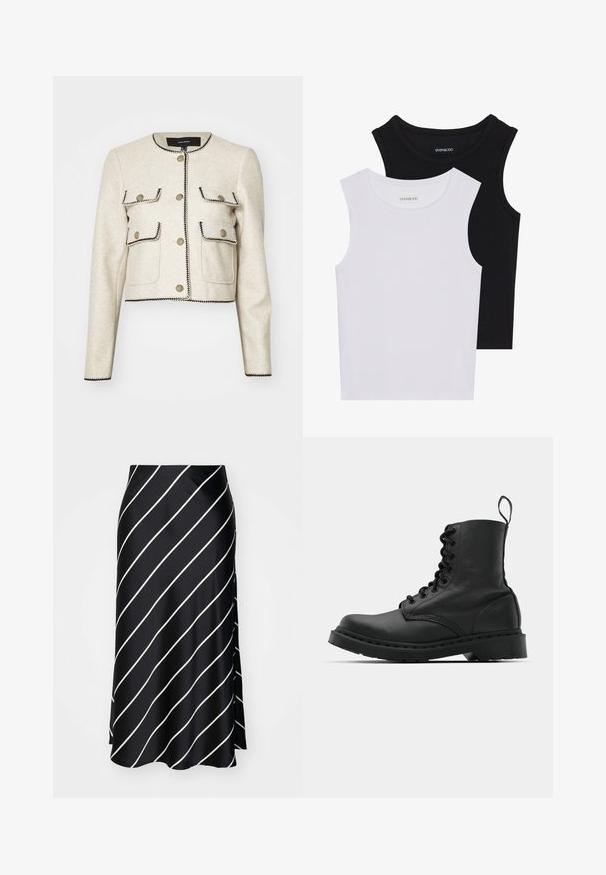 Cropped beige jacket in soft fabric with black trim, featuring gold buttons and two front pockets. Simple, structured design.; Two sleeveless tops in black and white, made of ribbed cotton, featuring round necklines and a fitted design. Labels visible on both.; Black satin skirt with diagonal white stripes, featuring a side slit and a smooth texture, designed for fluid movement.; Black leather combat boot with a round toe, lace-up front, and a pull tab at the ankle. Features a thick rubber sole for durability.