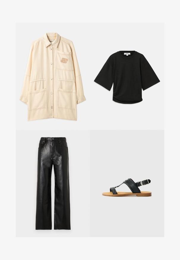 Bež široka jakna od pamuka s kopčanjem na gumbe, dva velika prednja džepa i izvezenim logotipom na džepu s lijeve strane.; Crna kratka majica s kratkim rukavima, izrađena od mekog pamuka, s okruglim izrezom i opuštenim krojem te suptilnim nabiranjem sa strane.; Crne hlače ravnih nogavica od kože s sjajnim završetkom, s prednjim džepovima, patentnim zatvaračem i kopčanjem na gumb. Glatka tekstura na cijelom predmetu.; Crne kožne sandale s podesivom kopčom, ravnim smešnim đonom i dva široka remena koja prelaze preko stopala, minimalistički dizajn.