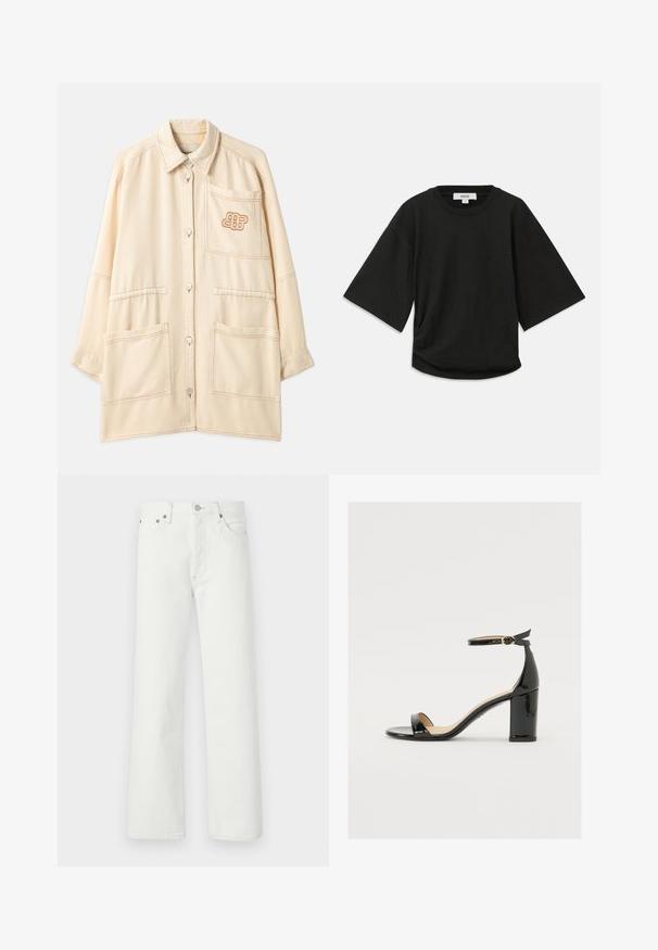 Béžová oversized bunda vyrobená z bavlny s knoflíkovým zapínáním, dvěma velkými předními kapsami a vyšitým logem na kapsičce na prsou.; Černé triko s krátkým rukávem vyrobené z měkké bavlny, s kulatým výstřihem a uvolněným střihem se jemným nařaseným detailem na boku.; Bílé džíny z denimu s rovnými nohavicemi, designem se pěti kapsami a kovovými akcenty na pase a kapsách.; Černé lakované sandály s širokým podpatkem, otevřenou špičkou a řemínkem kolem kotníku se zlatou sponou. Hladký povrch a elegantní design.