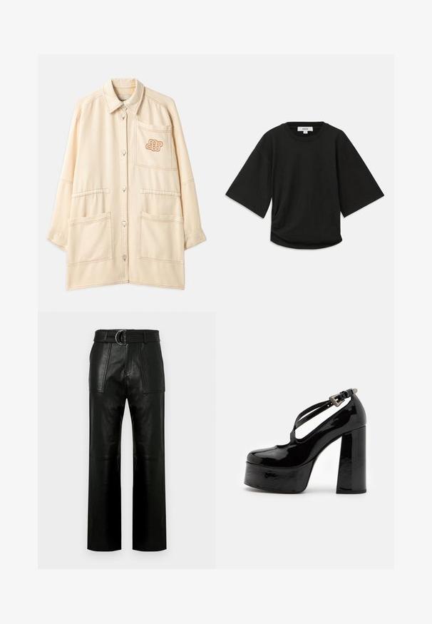 Beżowa, oversize'owa kurtka wykonana z bawełny, z zapięciem na guziki, dwiema dużymi kieszeniami z przodu oraz haftowanym logo na kieszeni na piersi.; Czarna koszulka z krótkim rękawem, wykonana z miękkiej bawełny, z okrągłym dekoltem i luźnym krojem, z subtelnym marszczeniem po boku.; Czarne skórzane spodnie z wysokim stanem, szerokimi nogawkami, dużymi przednimi kieszeniami i dopasowanym paskiem z podwójną klamrą.; The Kooples CHAUSSURES czarny